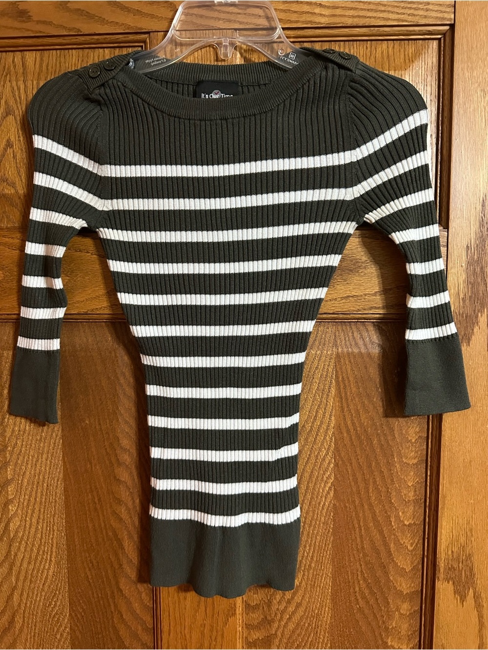 Olive & White Striped Ribbed Boatneck Sweater